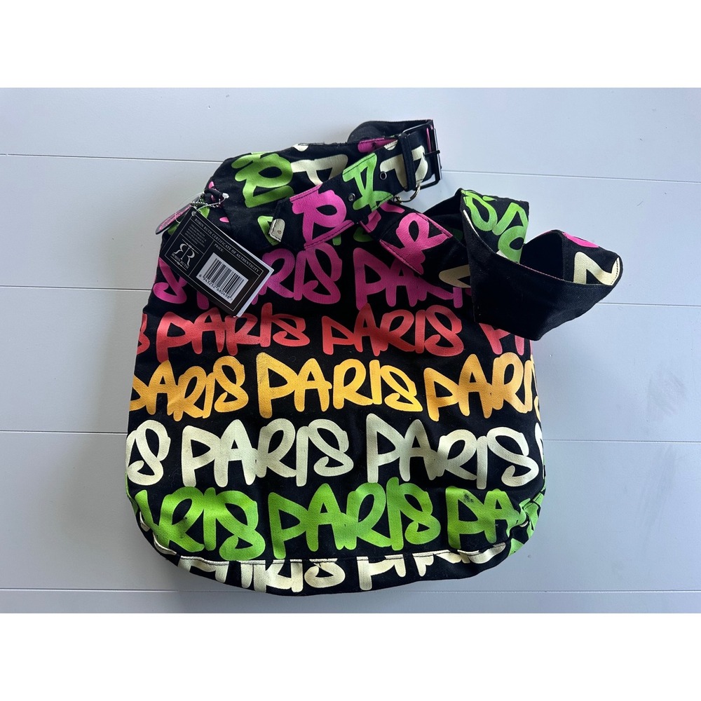 Robin Ruth Paris Graffiti Canvas Hobo Bag Neon Crossbody Black Souvenir NWT